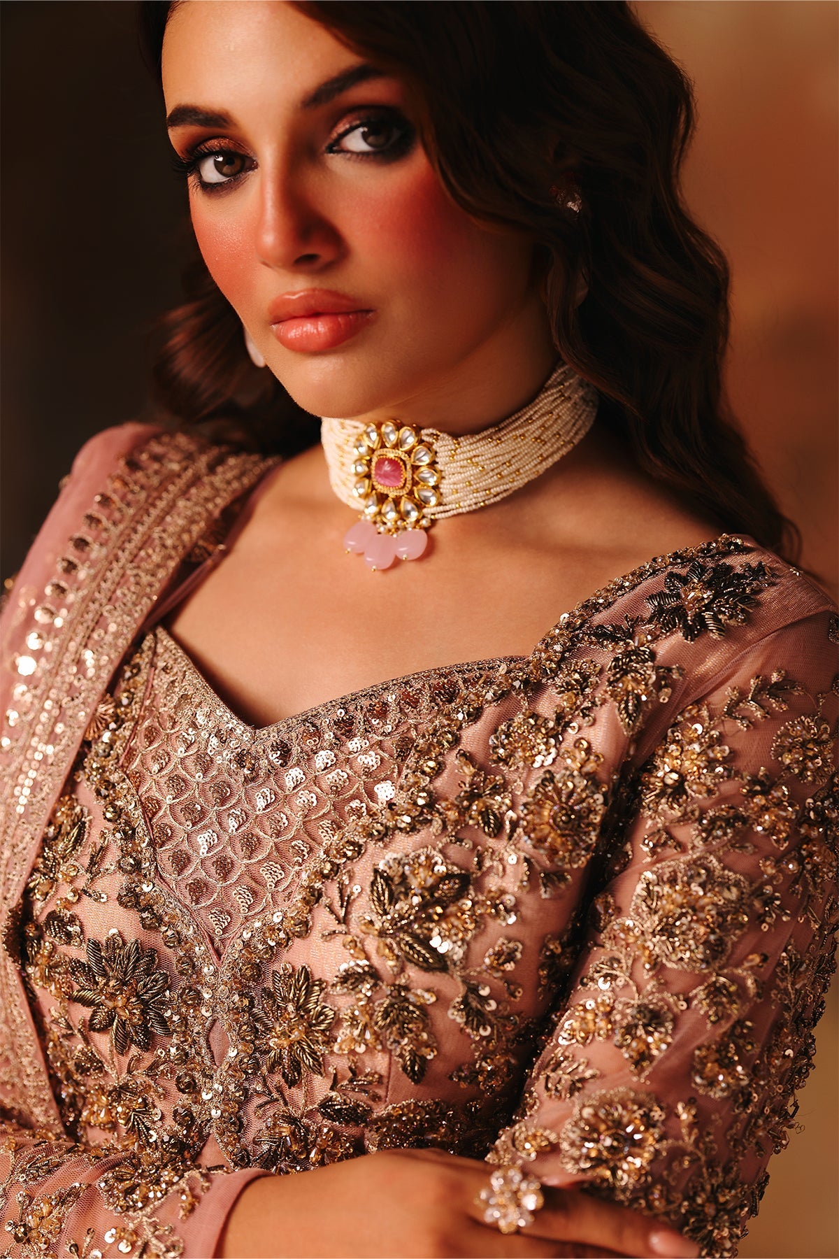3-PC Embroidered  Net STM-5-06- Rose Gold