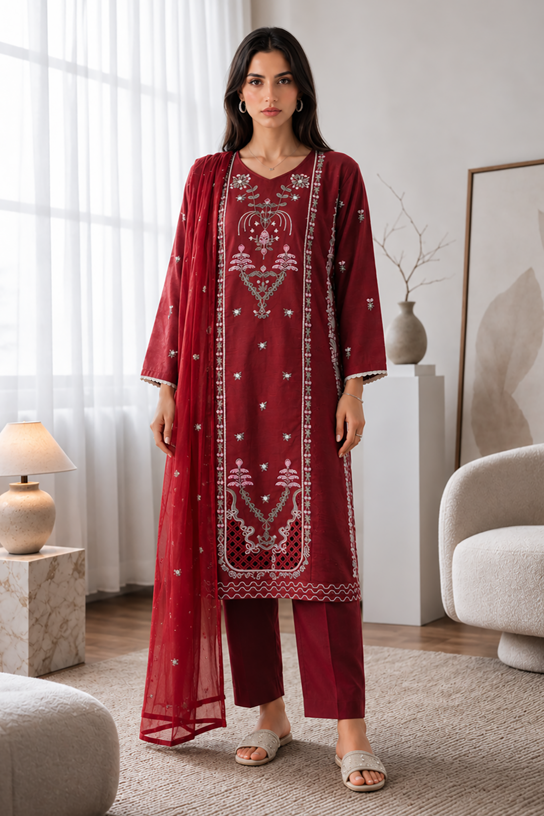 Embroidered Kurta Dupatta Trouser - 3284