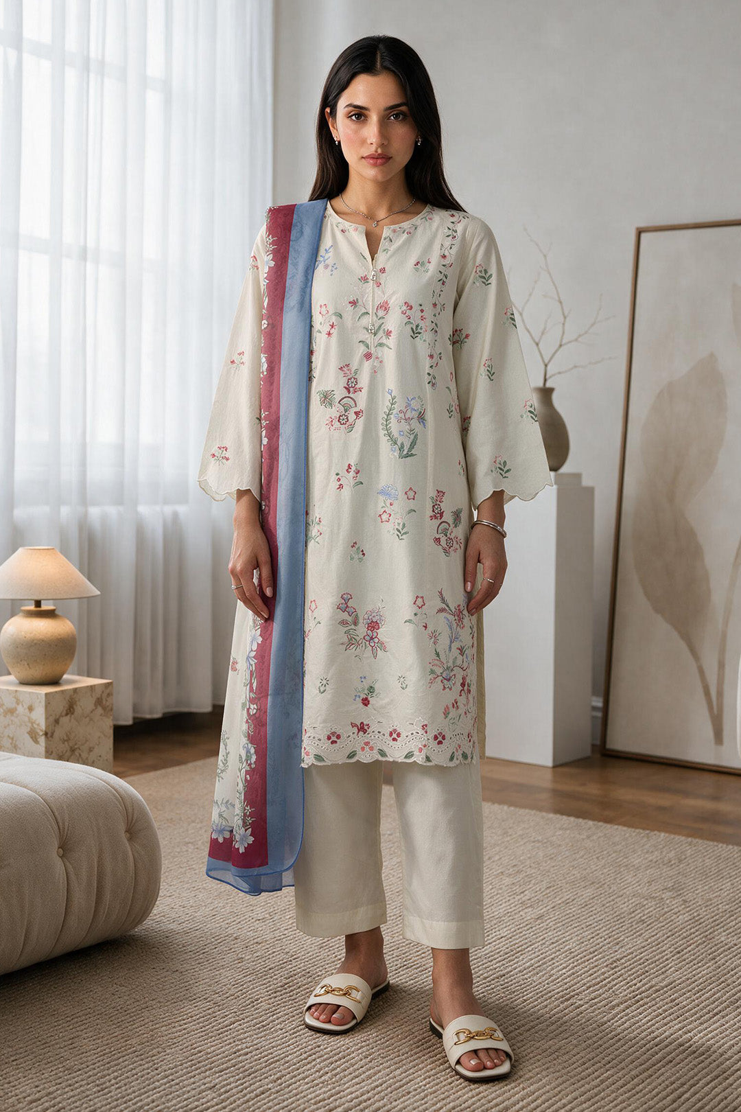 Embroidered Kurta Dupatta Trouser - 3412