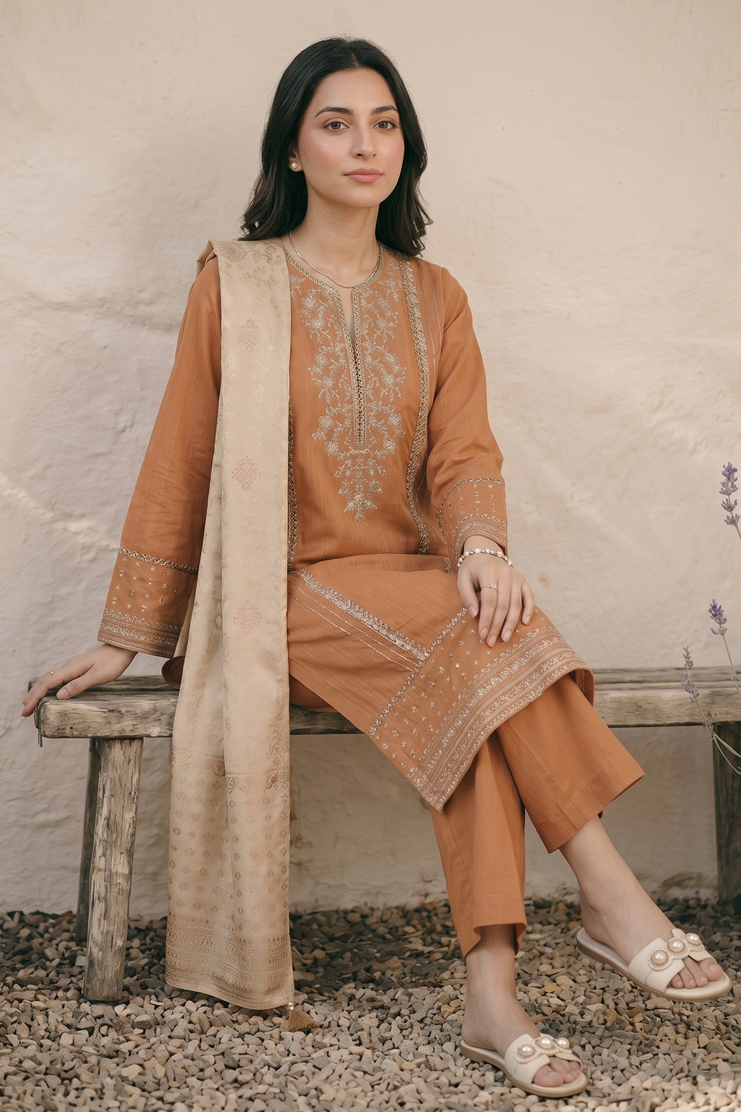 Embroidered Kurta Shawl Trouser - 2521