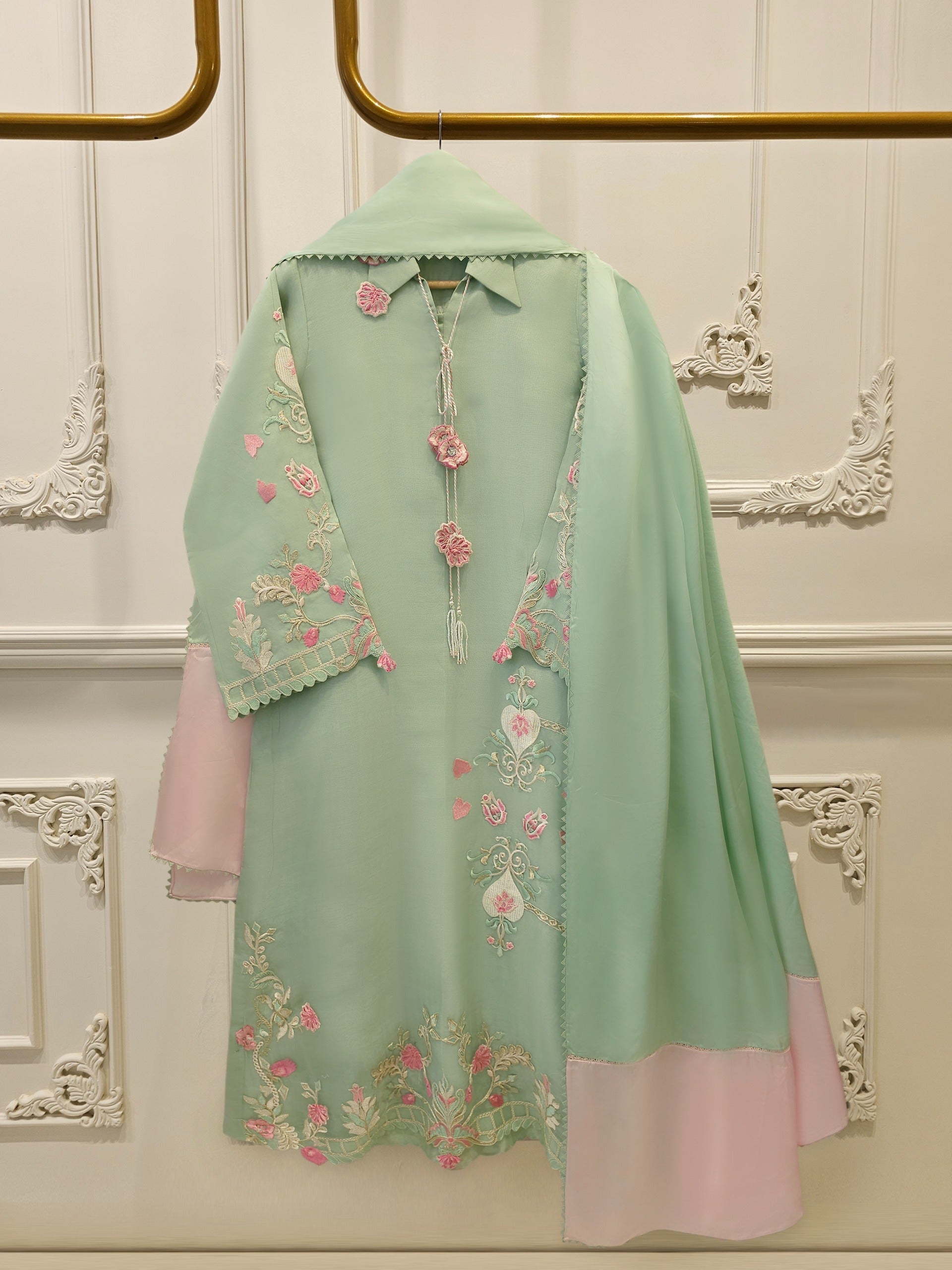 3 Piece - Pure Organza Embroidered Suit S115544