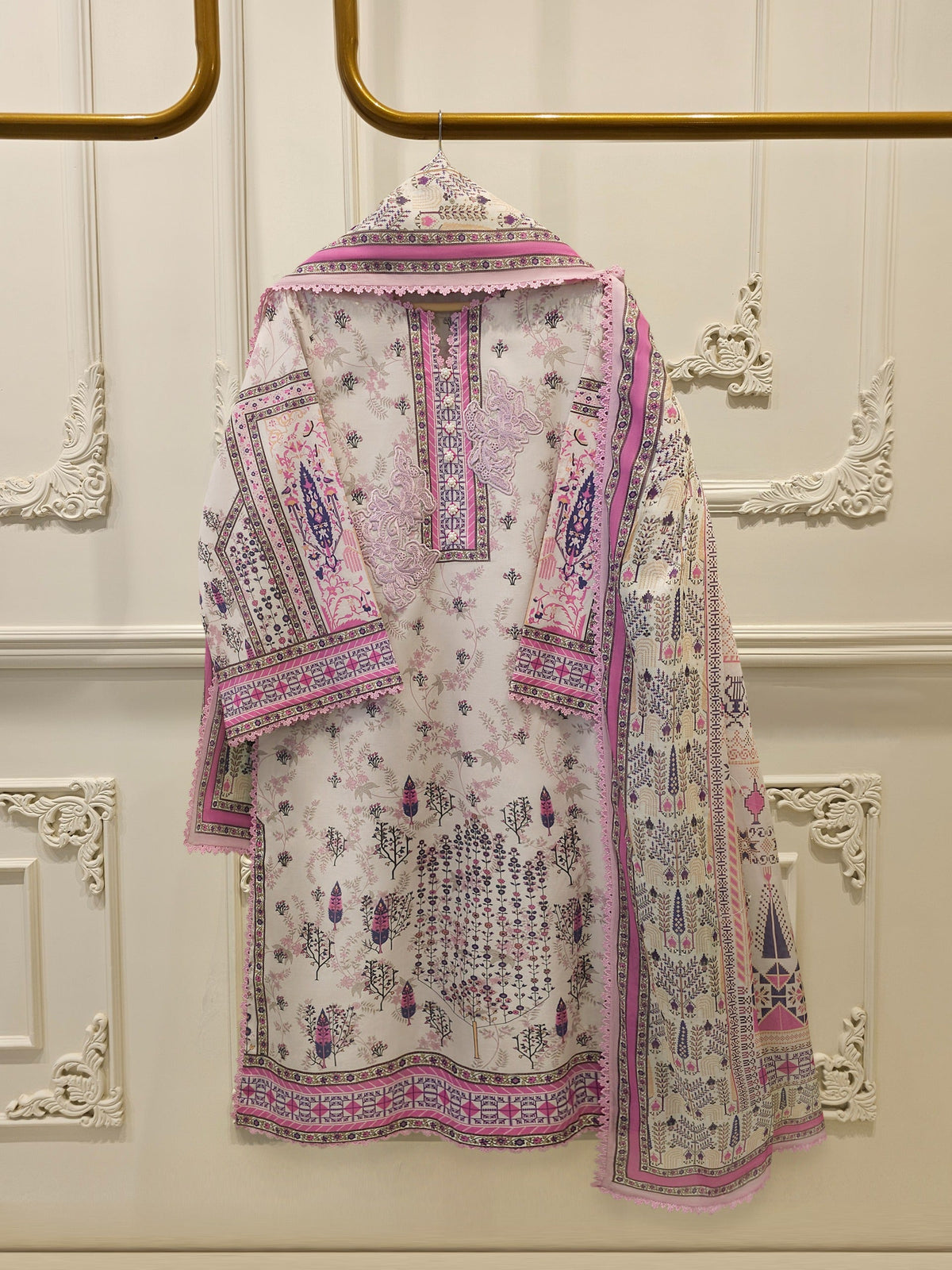 2-Piece Embroidered Digital Printed Cambric Suit S114754
