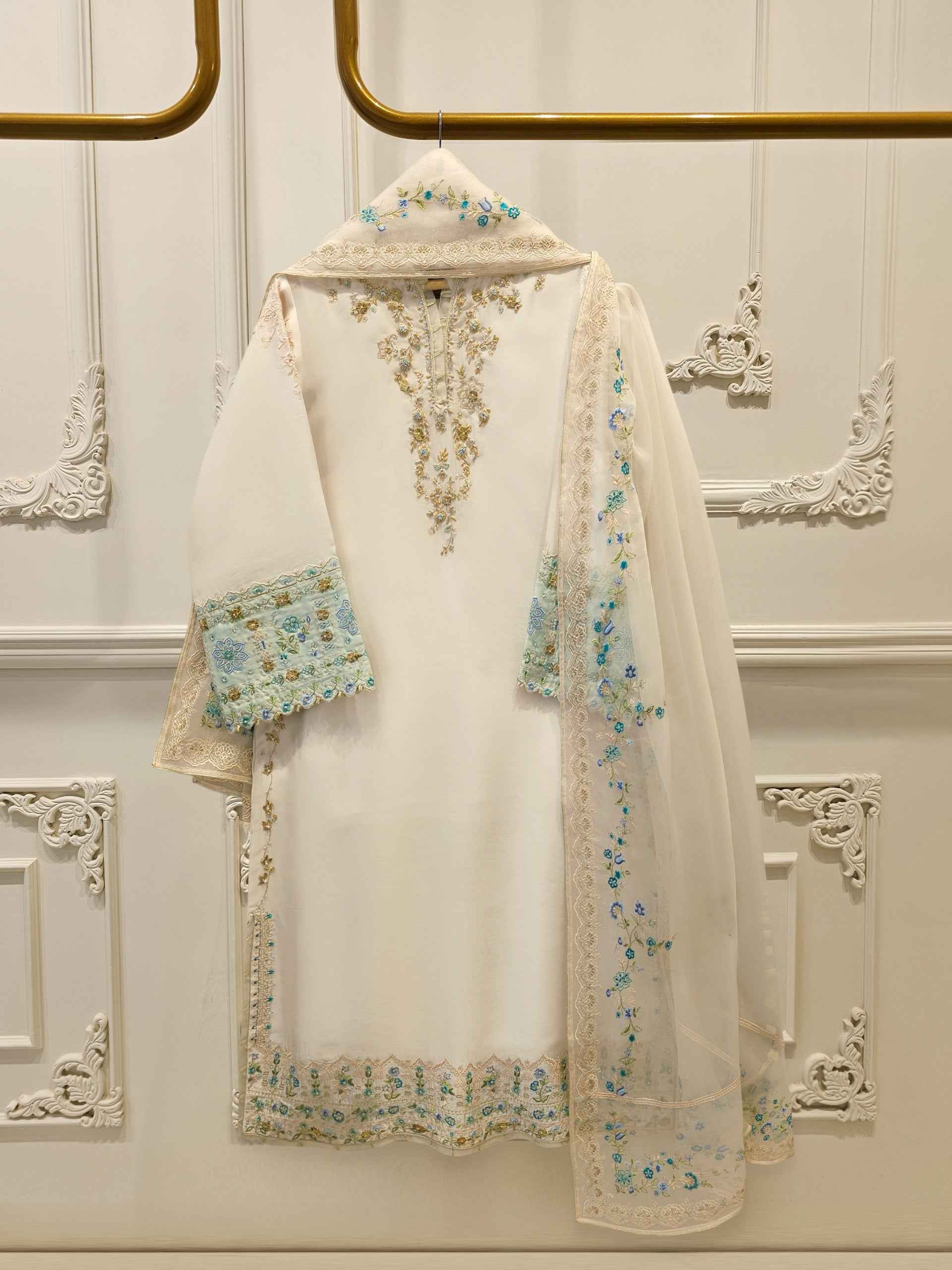 3 Piece- Pure  Sheesha Silk Embroidered Suit S115372