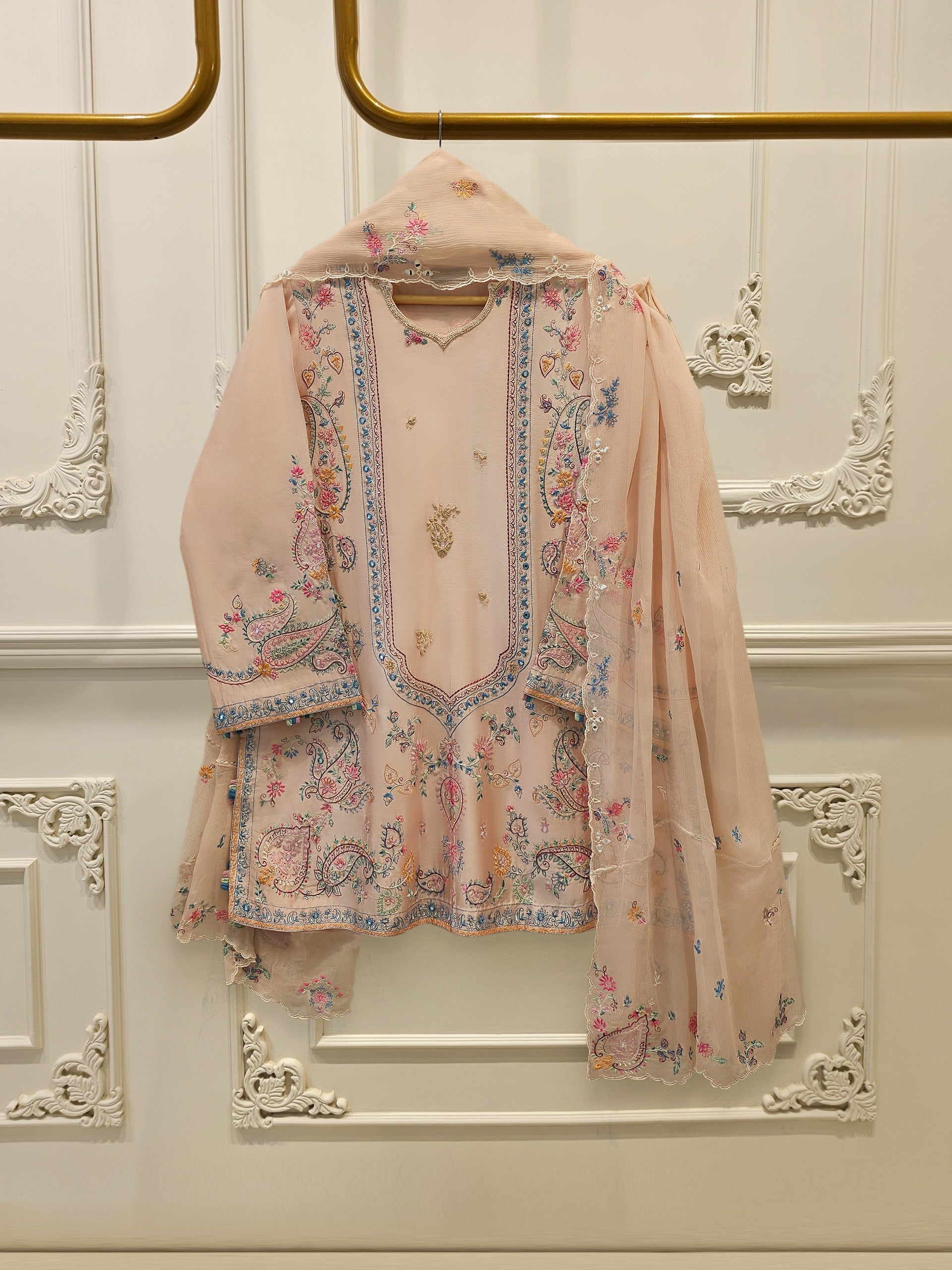 3 Piece- Pure  Sheesha Silk Embroidered Suit S115405