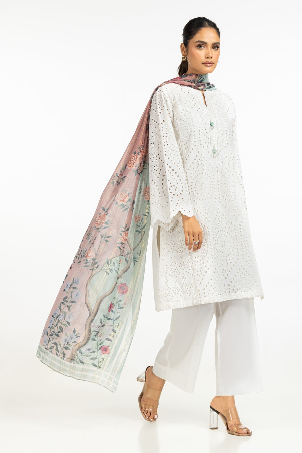 Cambric Schiffli Embroidered Shirt And Dupatta