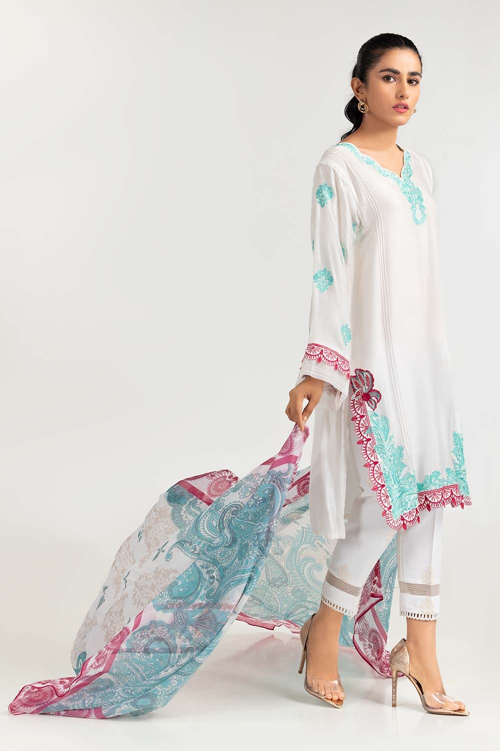 2 Piece Khadi Net Embroidered Shirt With Dupatta