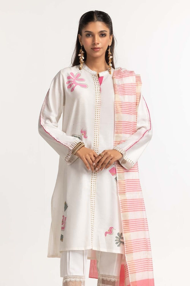 Dyed Screen Print Cotton Net Shirt With Yarn Dyed Dupatta