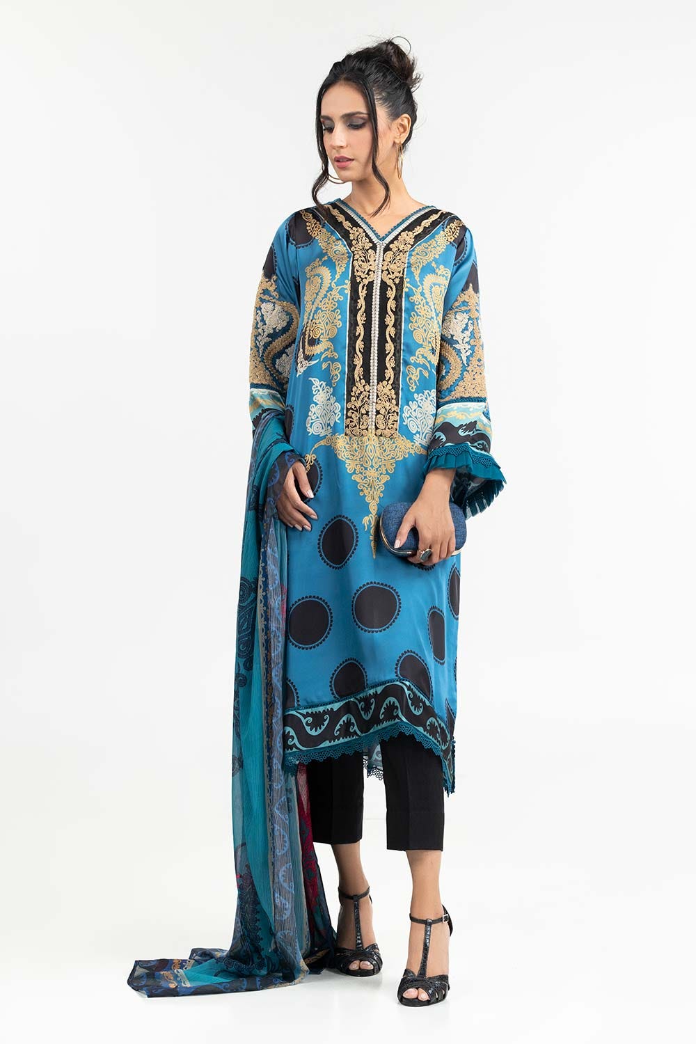 Luxury Pret Printed Poly Satin Embroidered Kurti And Dupatta