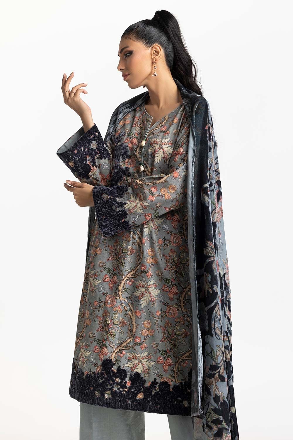 3 Piece Khaddar Printed With Embroidered  Suit