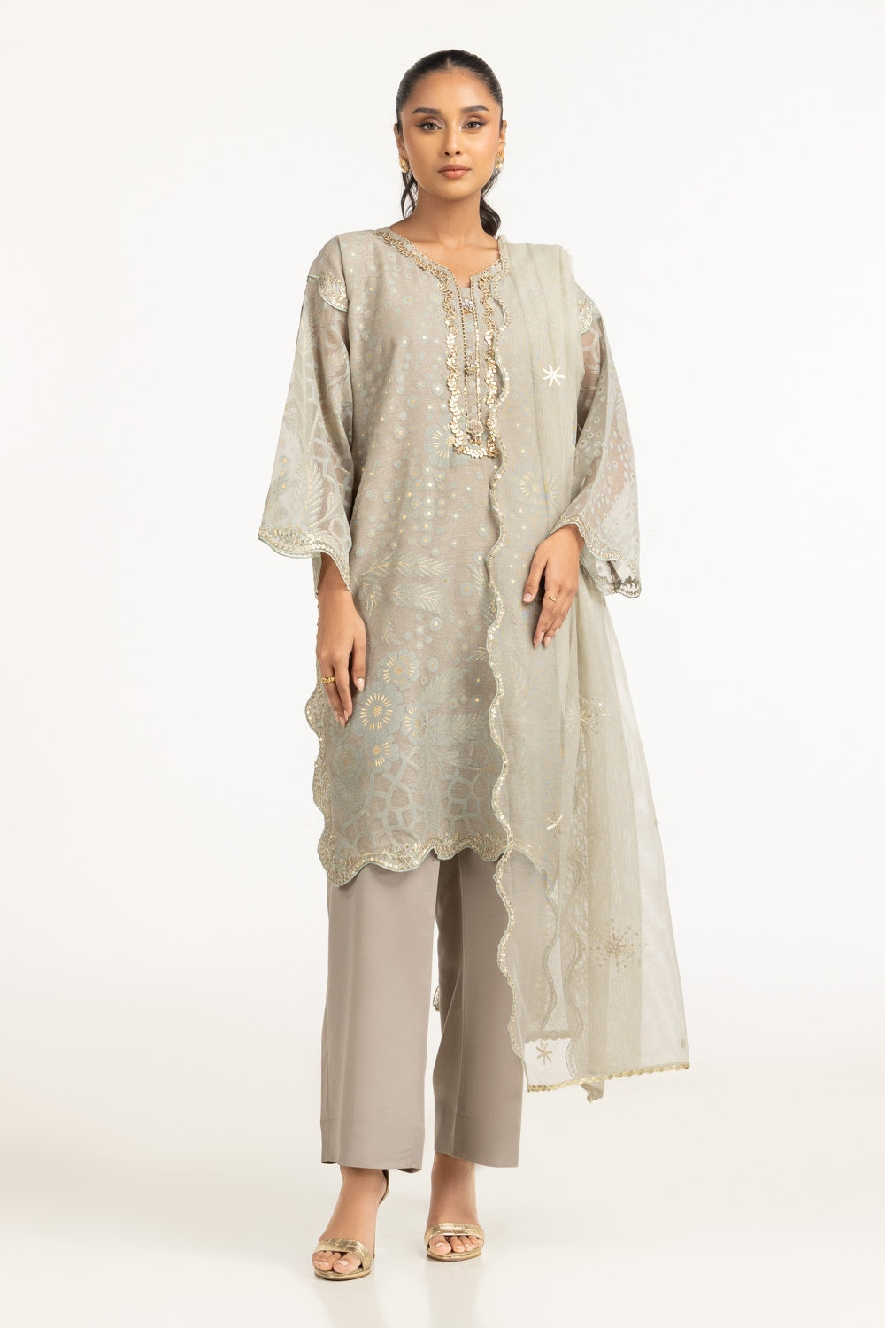 Poly Net Burnout Embroidered Shirt And Trouser