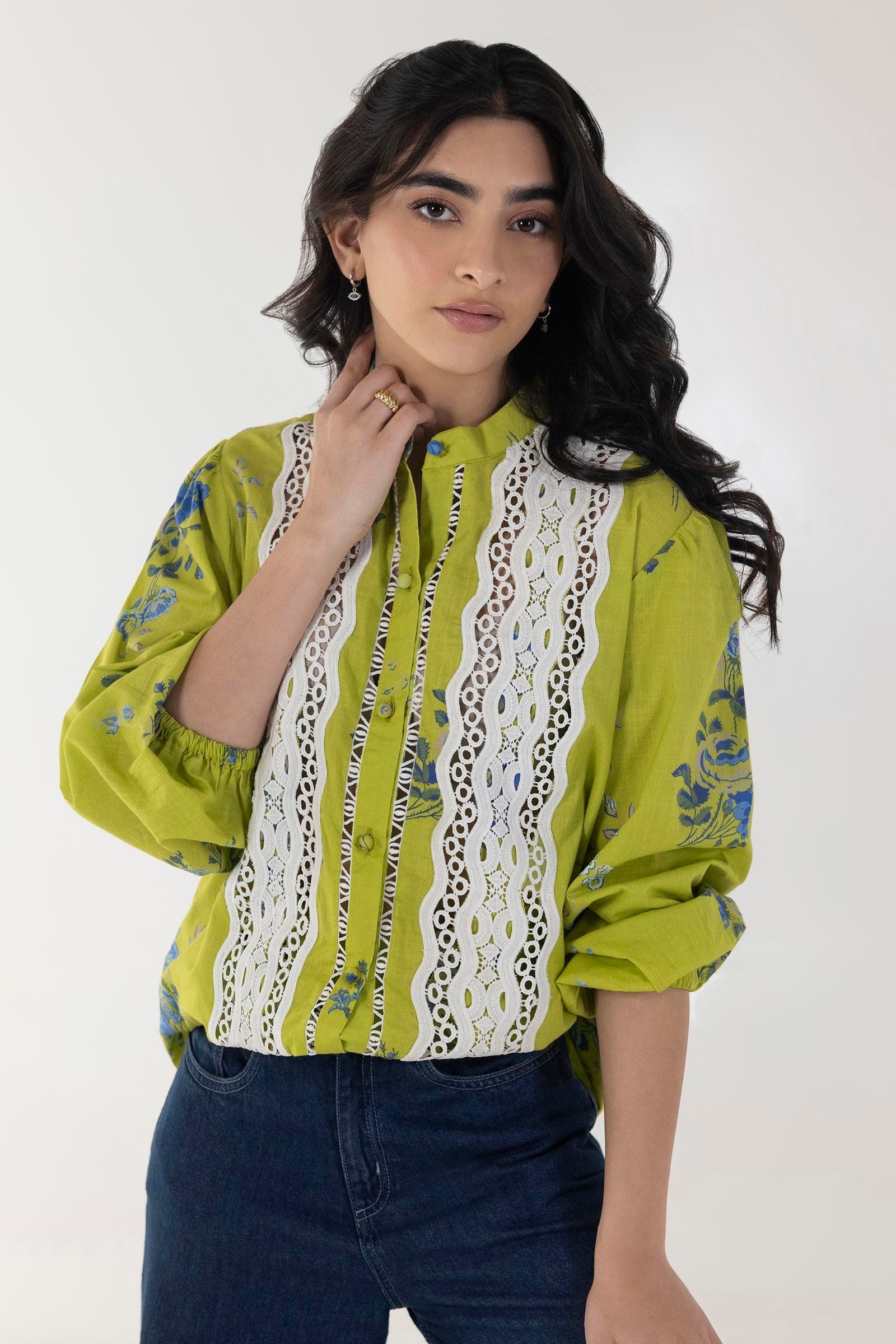 Stitched Green Basic Printed Shirt