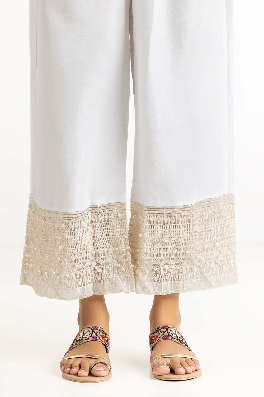 Off White Dyed Raw Silk Embroidered Trousers
