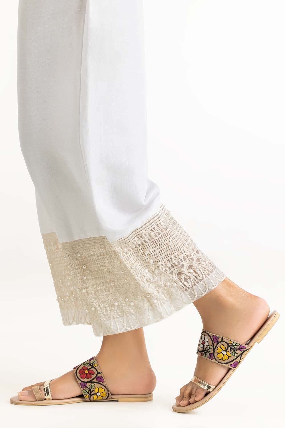 Off White Dyed Raw Silk Embroidered Trousers