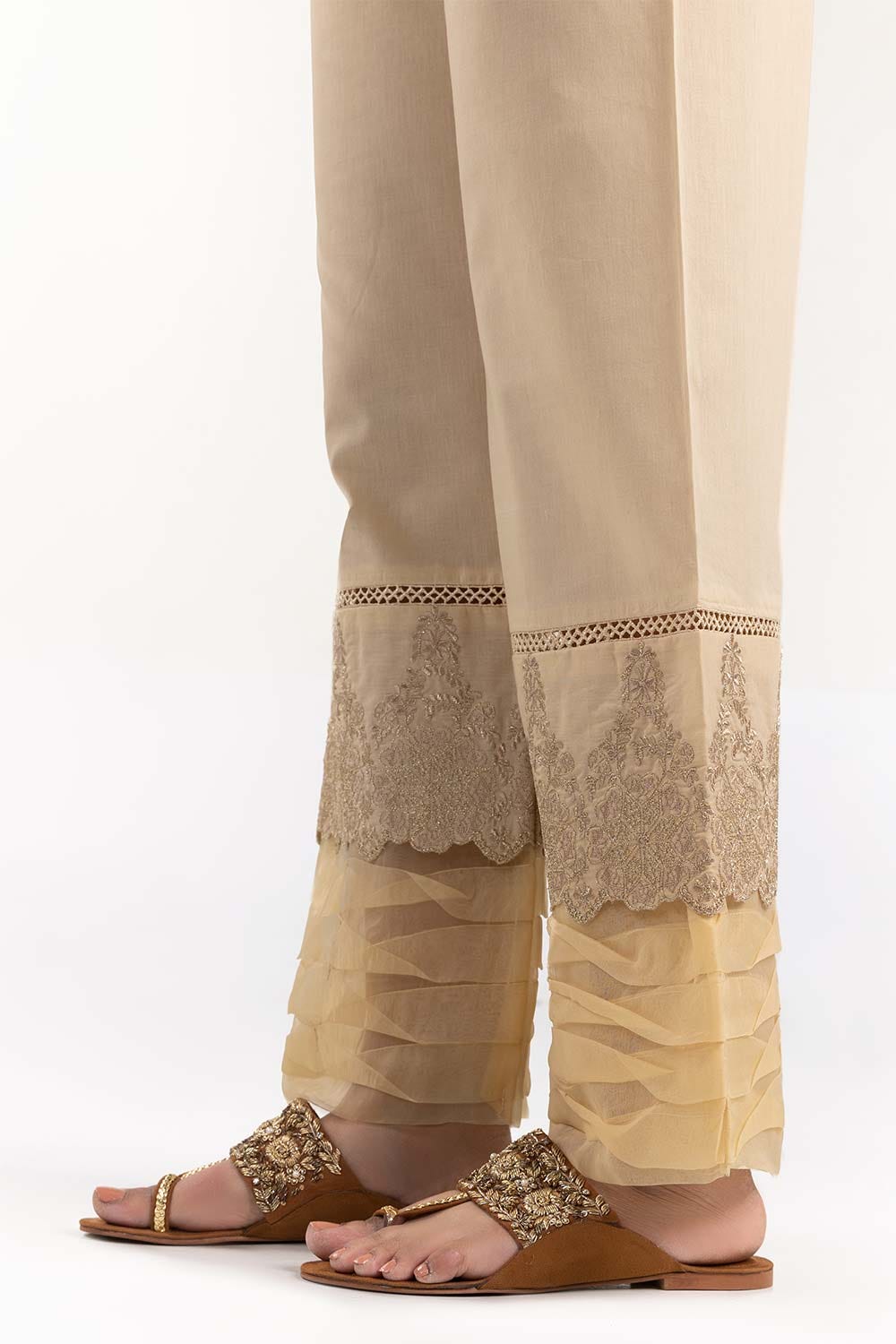 Beige Cambric Embroidered Trousers