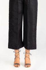 Black Embroidered Raw Silk Trousers