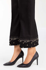 Black Embroidered Raw Silk Trousers