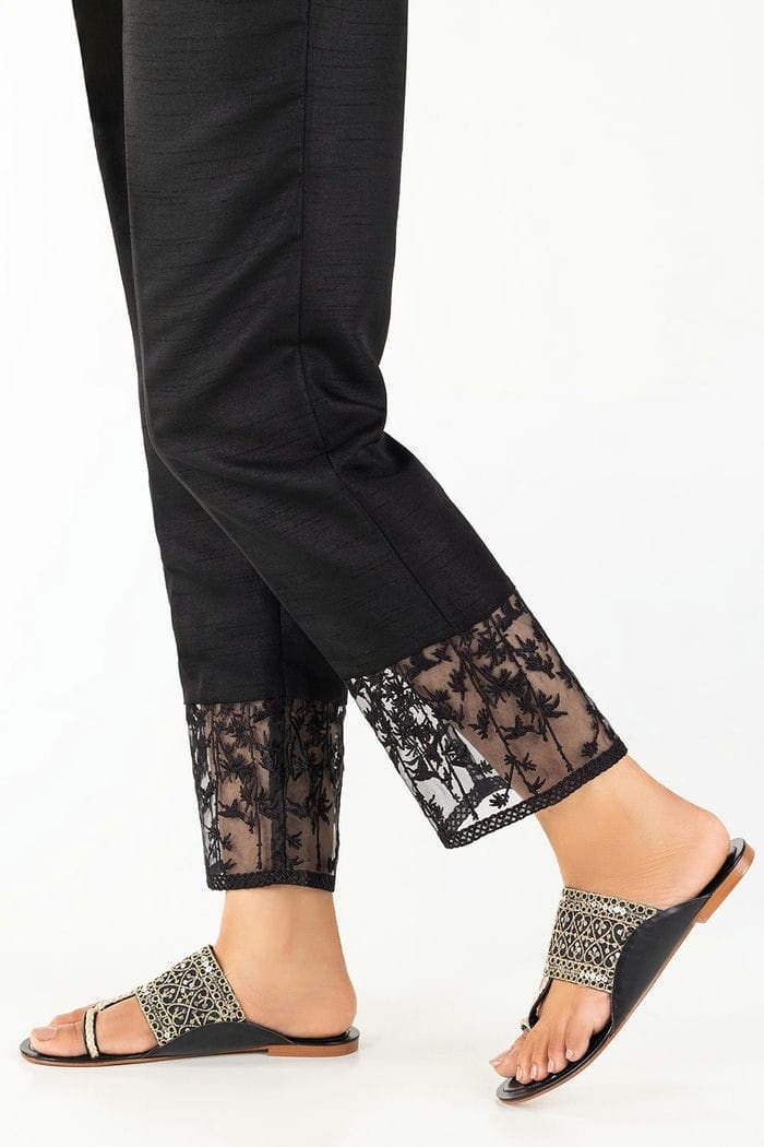 Black Embroidered Raw Silk Pants