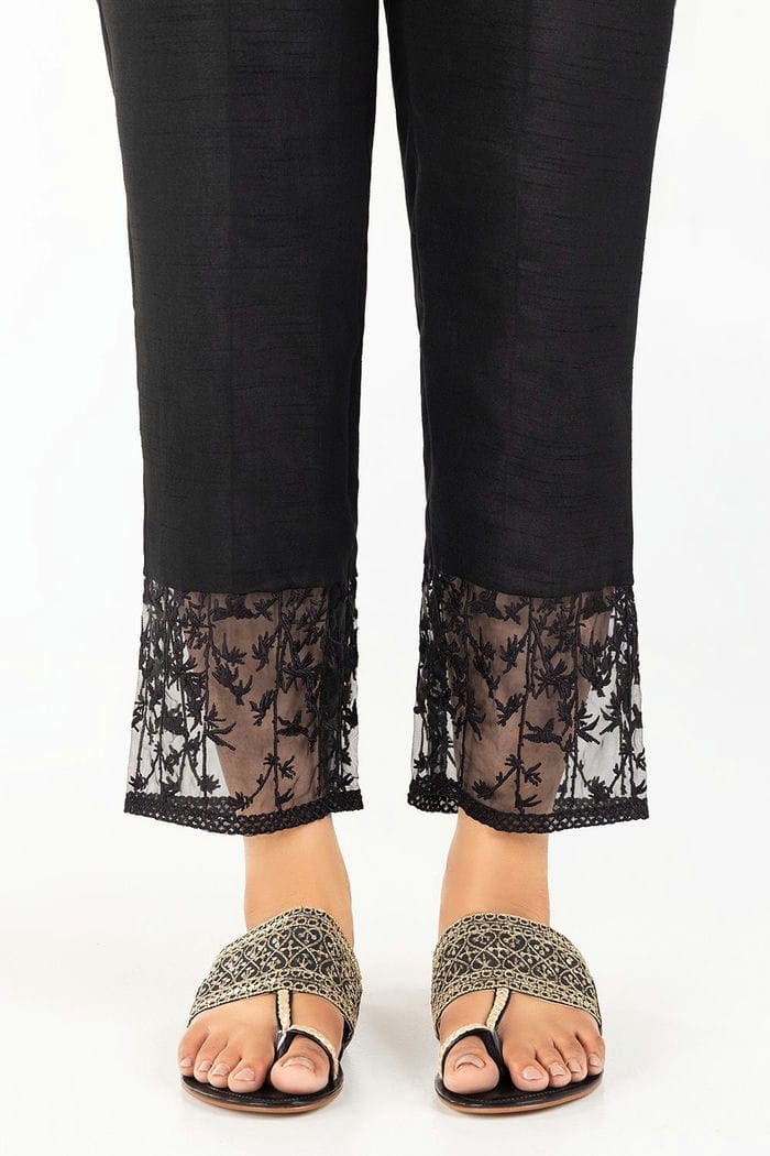 Black Embroidered Raw Silk Pants