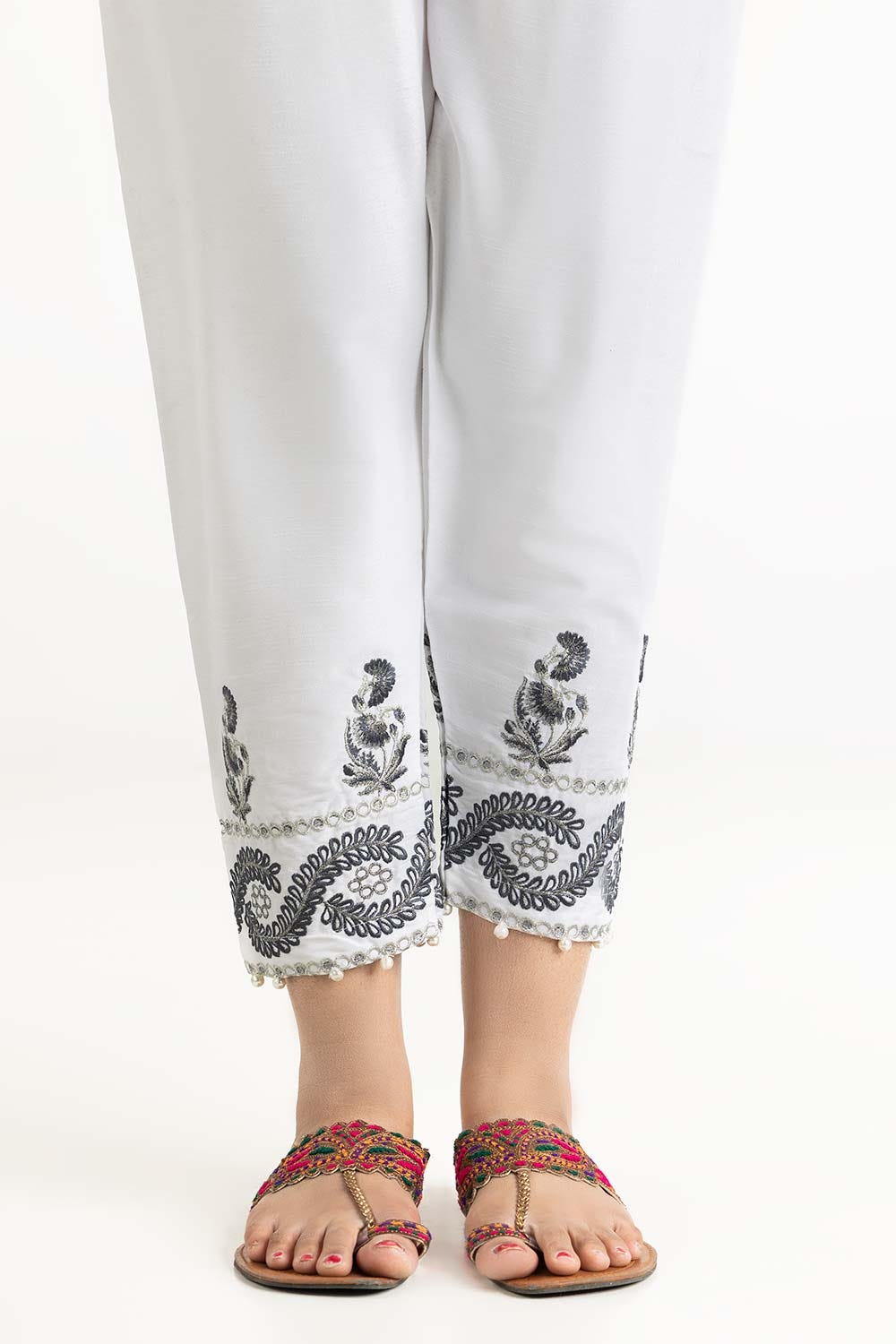 Off White Raw Silk Embroidered Trousers