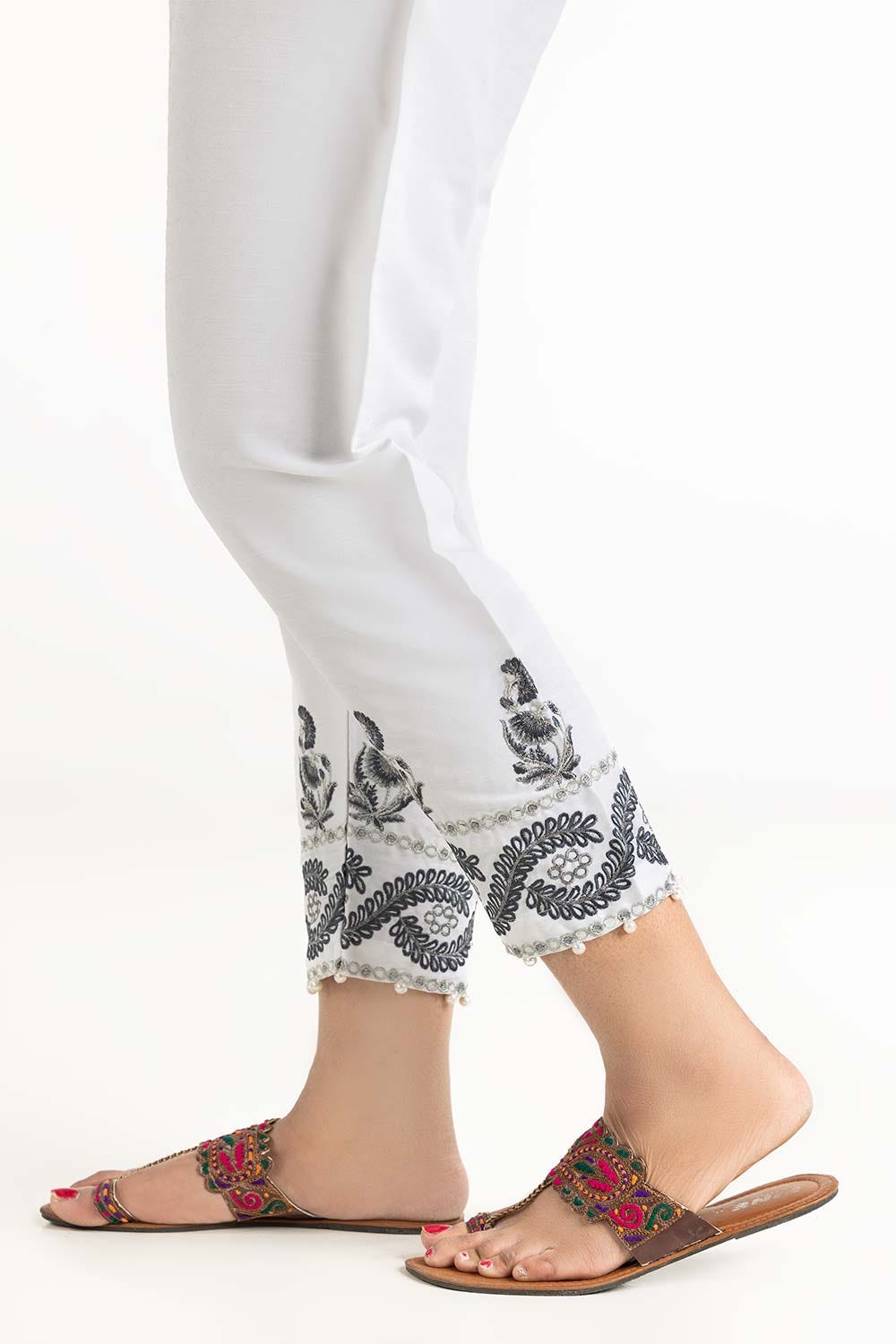 Off White Raw Silk Embroidered Trousers