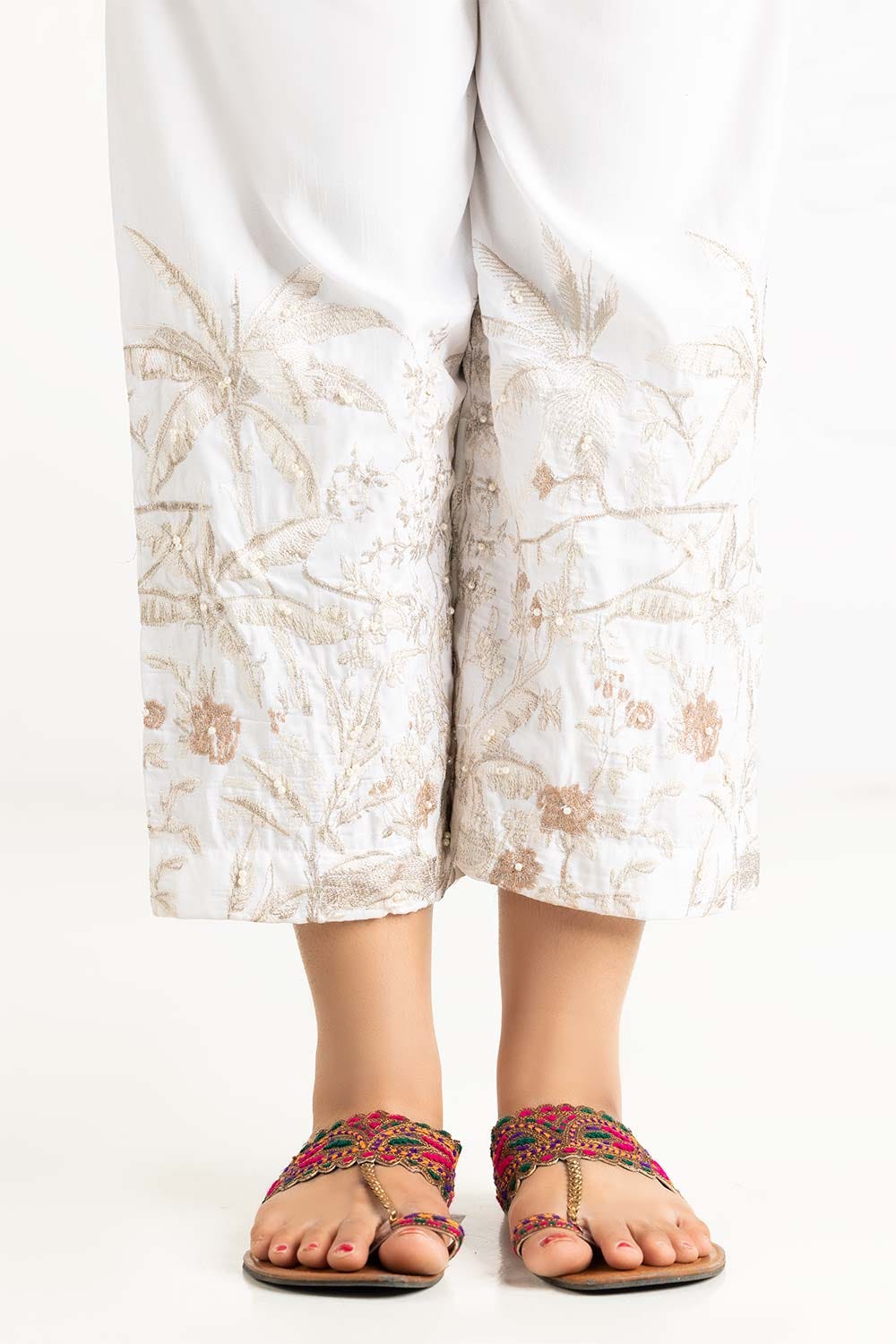 Off White Raw Silk Embroidered Trousers
