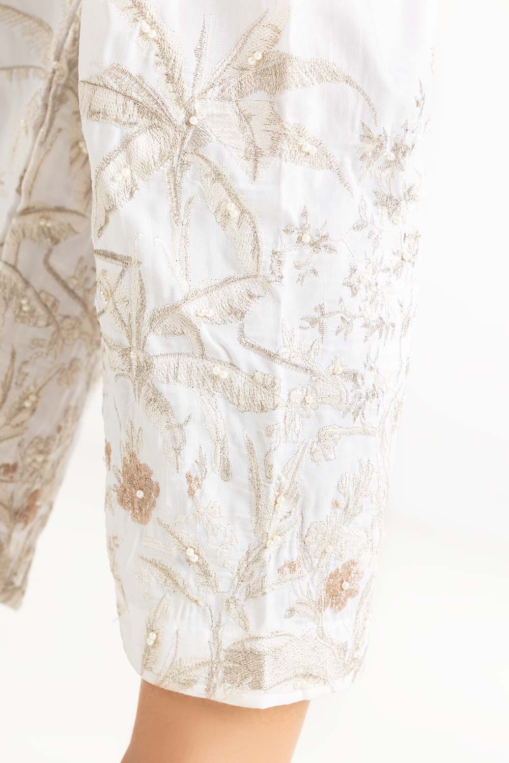 Off White Raw Silk Embroidered Trousers
