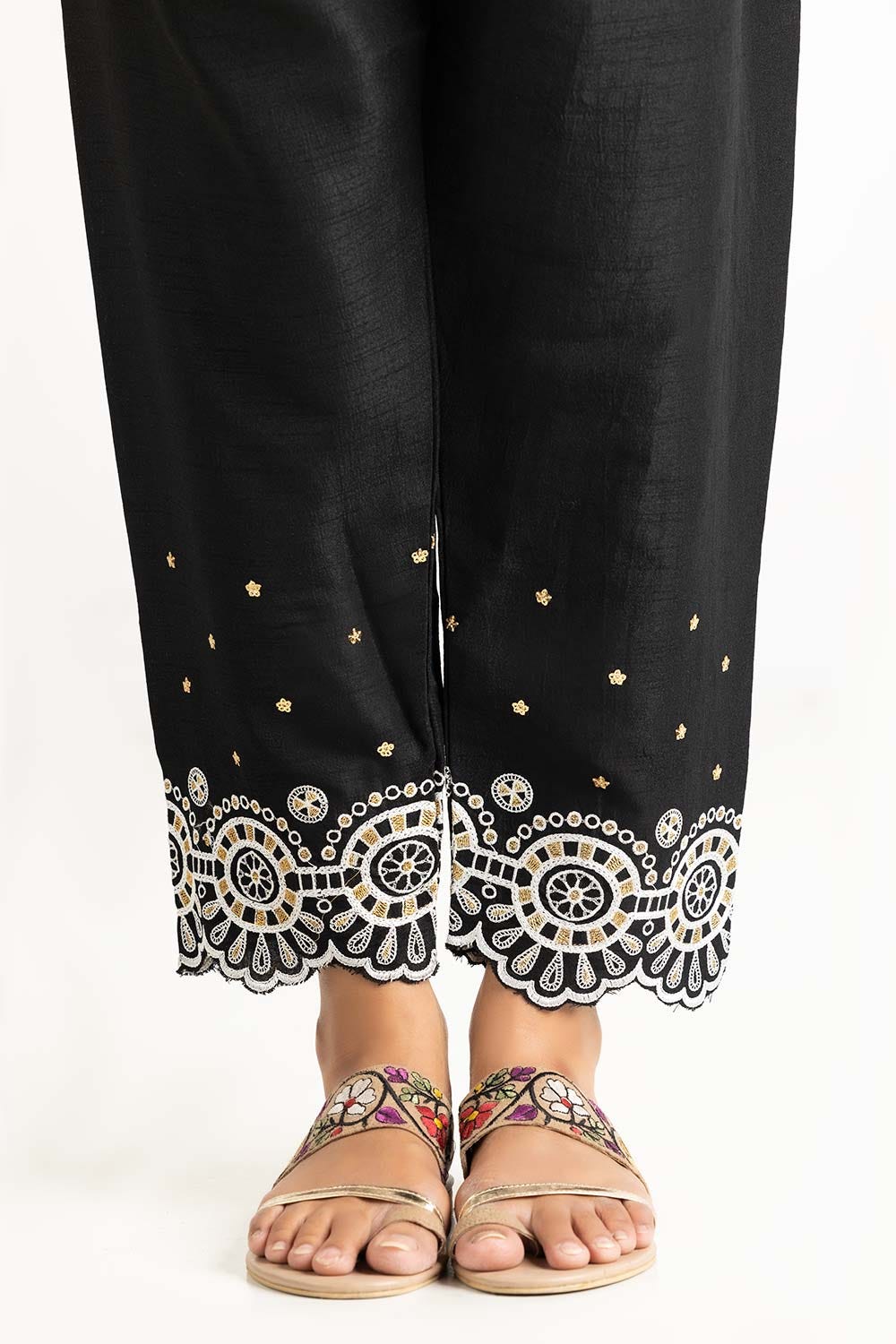 Black Raw Silk Embroidered Trousers