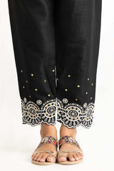 Black Raw Silk Embroidered Trousers