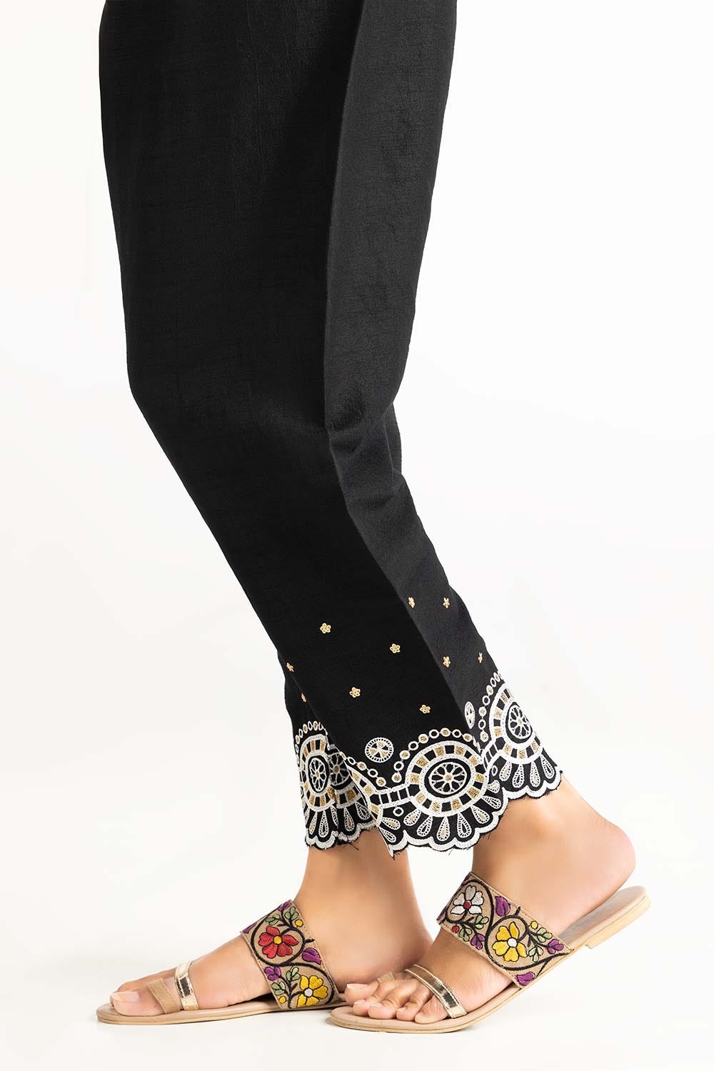 Black Raw Silk Embroidered Trousers