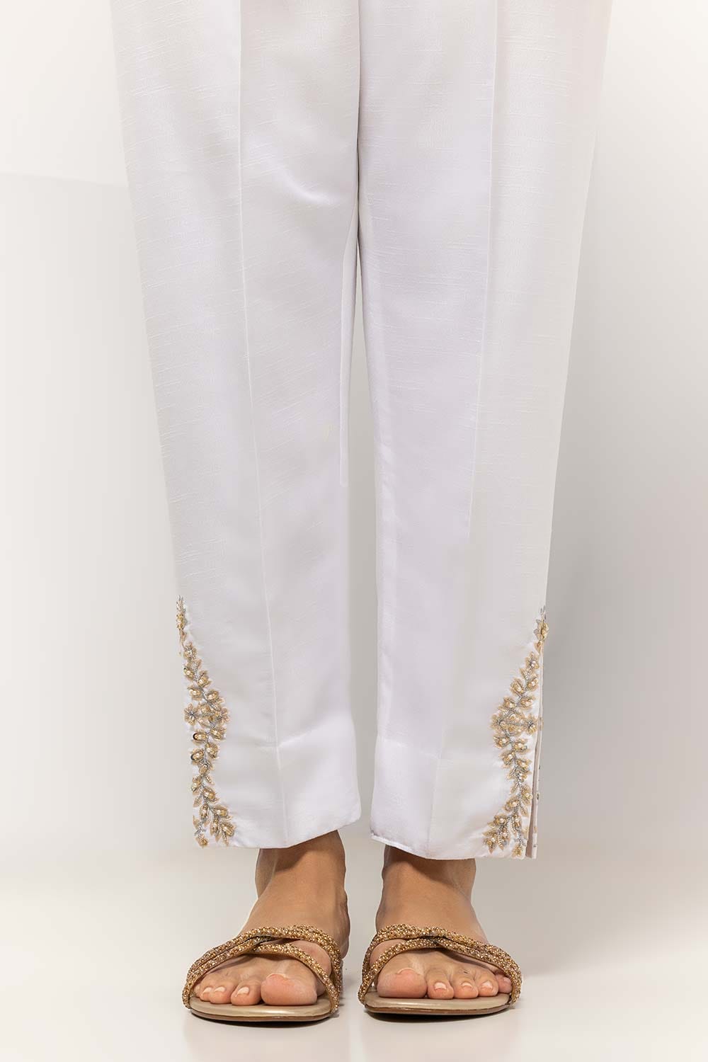 White Dyed Embroidered Rawsilk Trouser