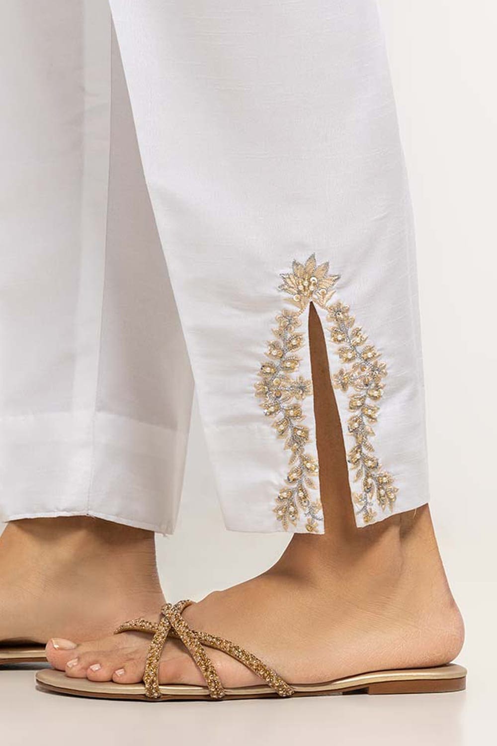 White Dyed Embroidered Rawsilk Trouser
