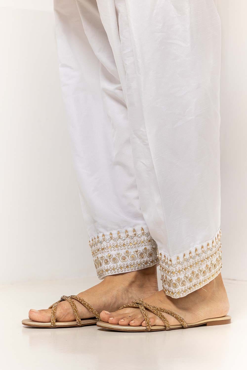 White Dyed Embroidered Rawsilk Shalwar