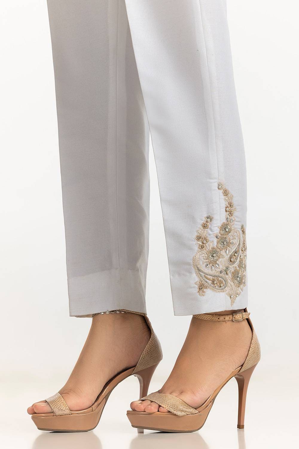 White Rawsilk Embroidered Trouser