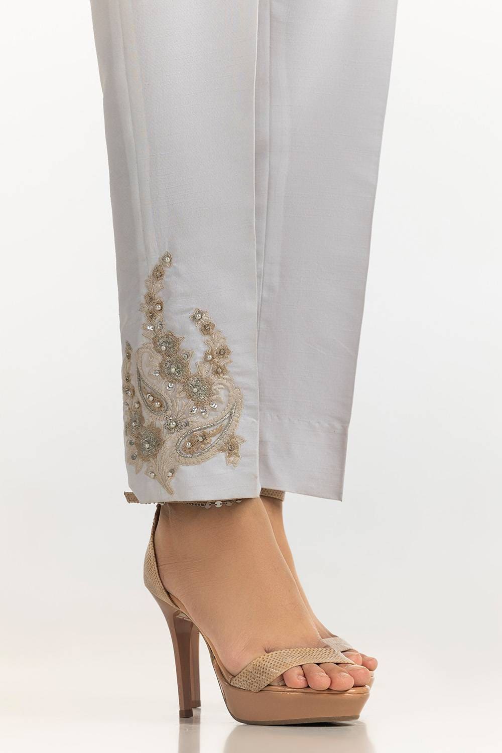 White Rawsilk Embroidered Trouser